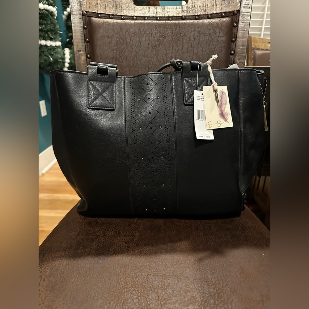 NWT Jessica Simpson Black Leather Tote Bag with Patterned Straps - Picture 2 of 2